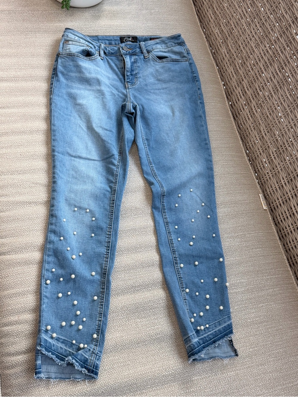 Earl Jeans Light Blue Pearl-Embellished Cropped Jeans